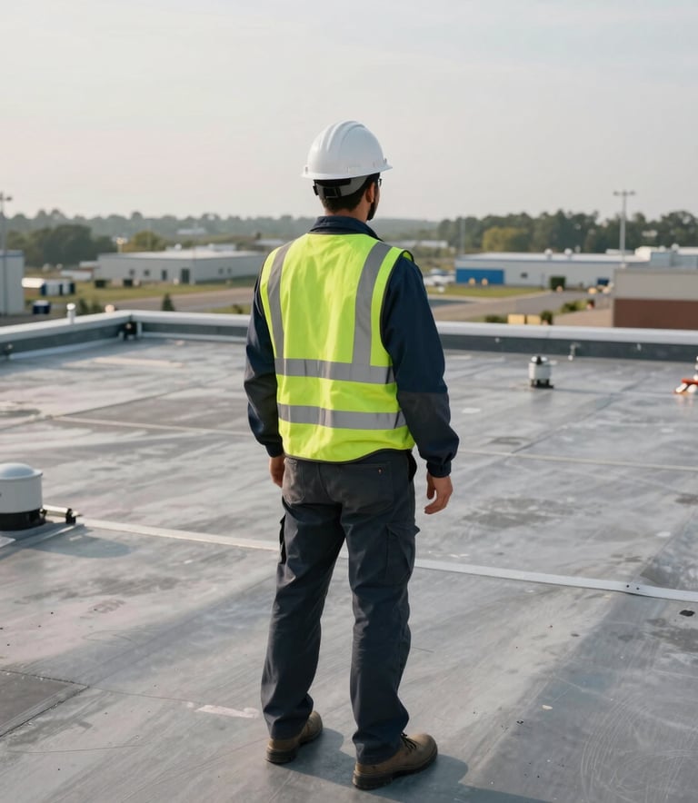 A professional photograph of a commercial roofing inspector in a hard hat and safety vest standing on a large flat roof in North American / US. He is looking over the horizon of an industrial park, signifying oversight and expertise. The palette features dark blue and gray professional attire.
