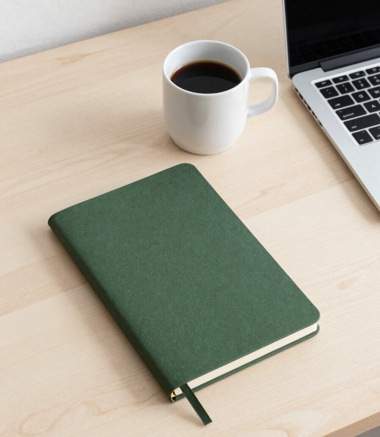 A minimalist Scandinavian-inspired desk setup with a clean crisp parchment wooden surface. A matte forest green notebook, a white ceramic mug of coffee, and a slim modern laptop are arranged neatly. The lighting is soft and natural, suggesting a professional yet calm morning workflow in a bright studio.