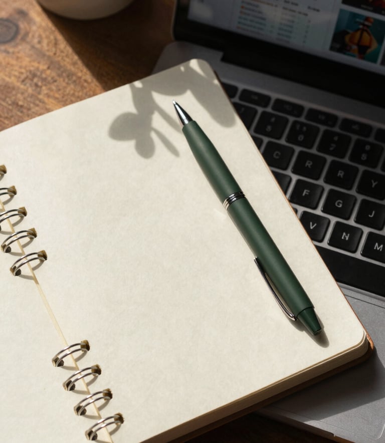 A top-down aesthetic shot of a creative workspace featuring a Crisp Parchment notebook, a Matte Forest Green pen, and a laptop displaying social media analytics, surrounded by natural morning light.