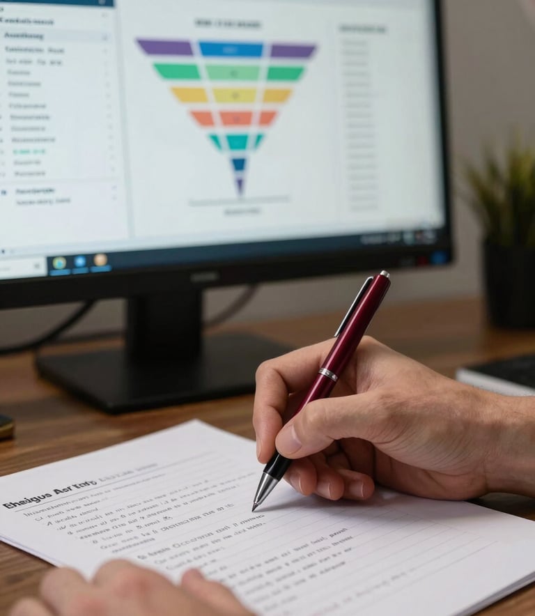 A professional agency workflow scene. A hand writes strategic notes with a deep ripe crimson pen on high-quality paper. In the background, a blurred monitor shows detailed marketing analytics and funnel diagrams. Sophisticated and focused atmosphere.