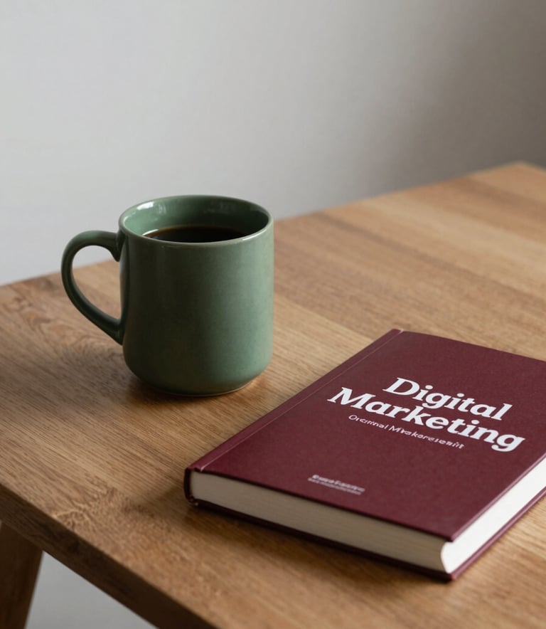 A minimalist Scandinavian interior featuring a cozy coffee setup on a wooden table, with a Matte Forest Green ceramic mug and a Deep Ripe Crimson digital marketing book.