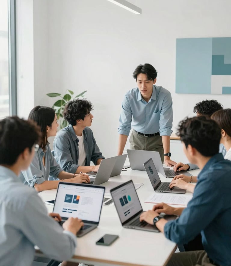A collaborative team meeting in a bright, modern office space. Professionals are gathered around a table with laptops, discussing a website layout. The room features clean lines, white walls, and decor in #A7BCCD muted blue. The atmosphere is focused, trustworthy, and innovative.