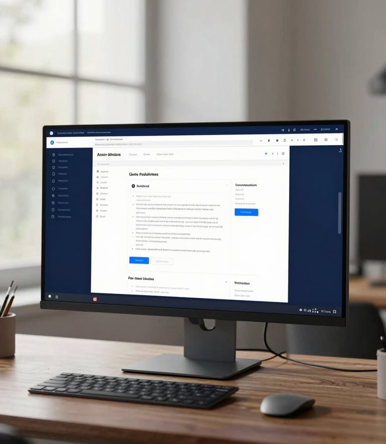 A high-end, minimalist creative studio environment. A sleek mahogany desk holds an ultra-wide monitor displaying a modern UI/UX design wireframe. Soft, natural morning light filters through a large window. The color palette features deep navy #1C2E4A and accents of professional blue #3A6CA8. Modern, professional agency aesthetic.