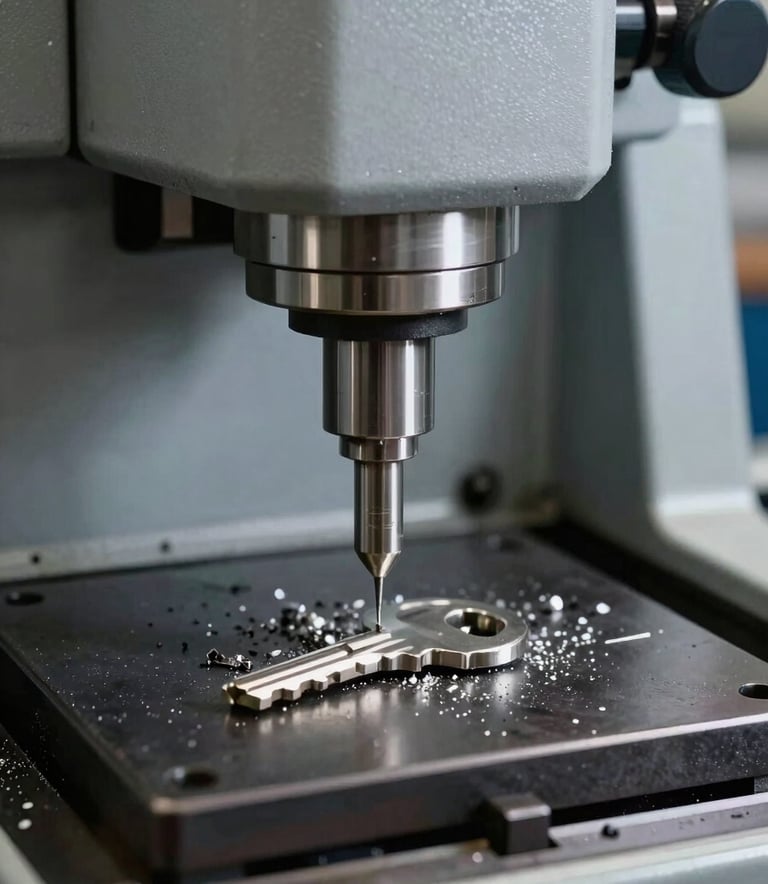 A high-precision key cutting machine in operation, carving a silver key with metallic shavings visible, set in a professional workshop.