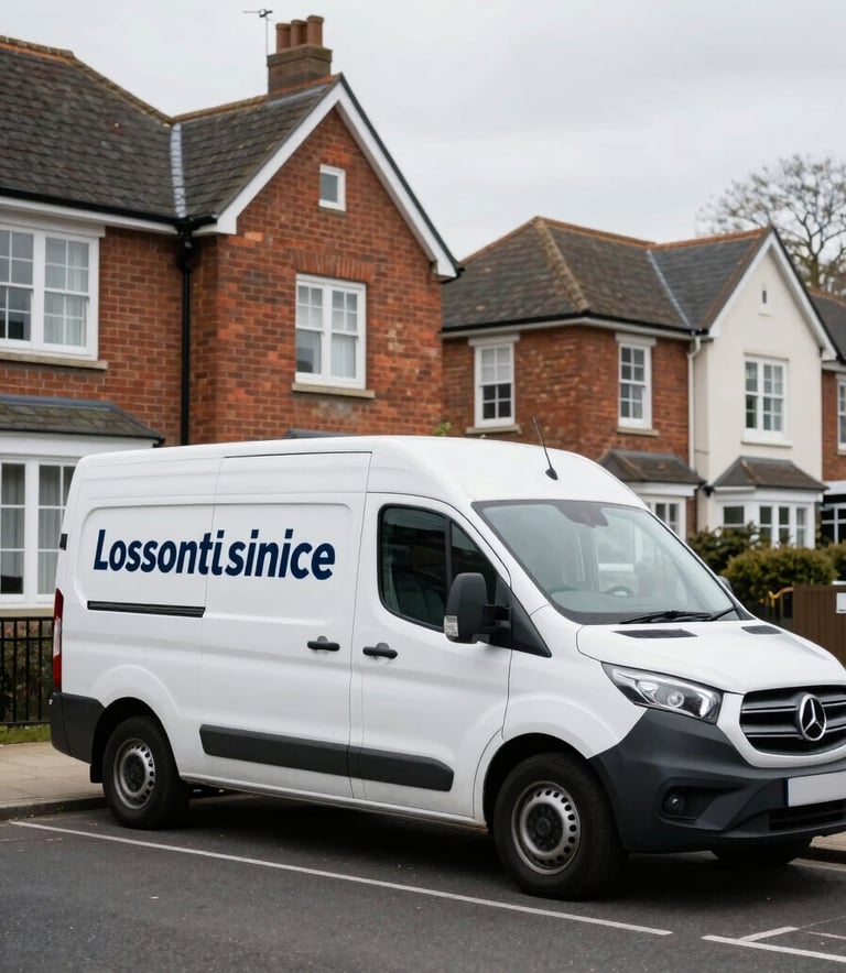 A clean, modern locksmith service van parked on a suburban street in Ruislip. The architecture is Northern European / British. The van is white with professional dark blue text on the side. Bright, overcast daylight creates soft lighting.