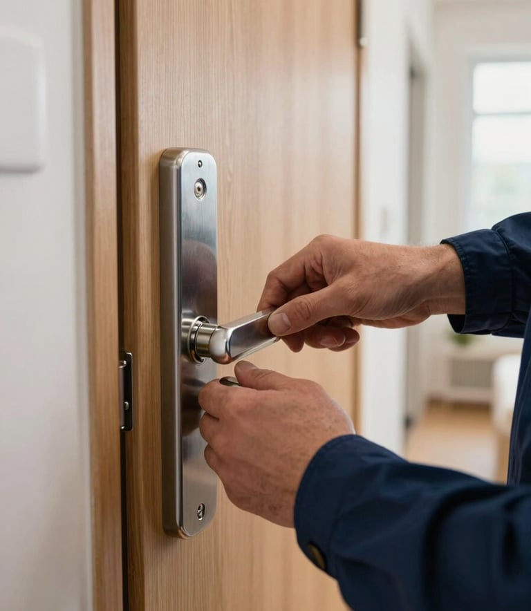 A close-up photograph of a professional locksmith's hands working on a high-security silver deadbolt lock on a wooden door. The setting is a bright, modern Northern European / British residential hallway. The locksmith wears a professional dark blue uniform sleeve.