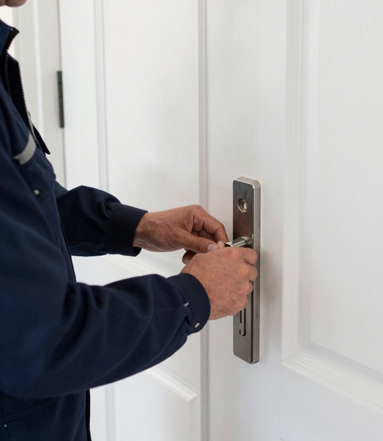 A professional locksmith in a dark blue uniform inspecting a high-security silver door lock on a white front door in a clean Northern European / British residential setting.