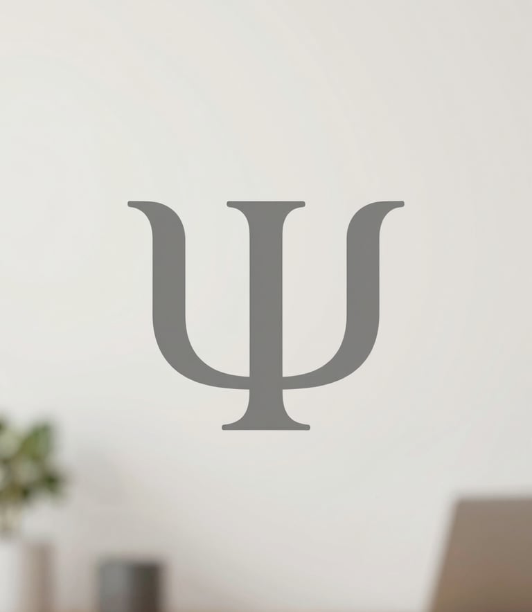 A subtle, elegant logo symbolizing psychology, like a minimalist Greek letter Psi, integrated with an organic leaf shape. The logo is rendered in #9A8B7A on a clean #FCFBF6 background, evoking a sense of growth and mental well-being.