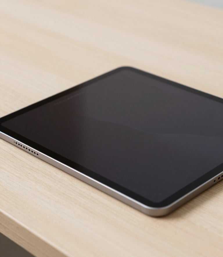 A close-up photograph of a clean, modern digital interface displayed on a high-end tablet, sitting on a light sand beige wooden desk in a bright North American / European studio, soft editorial lighting.