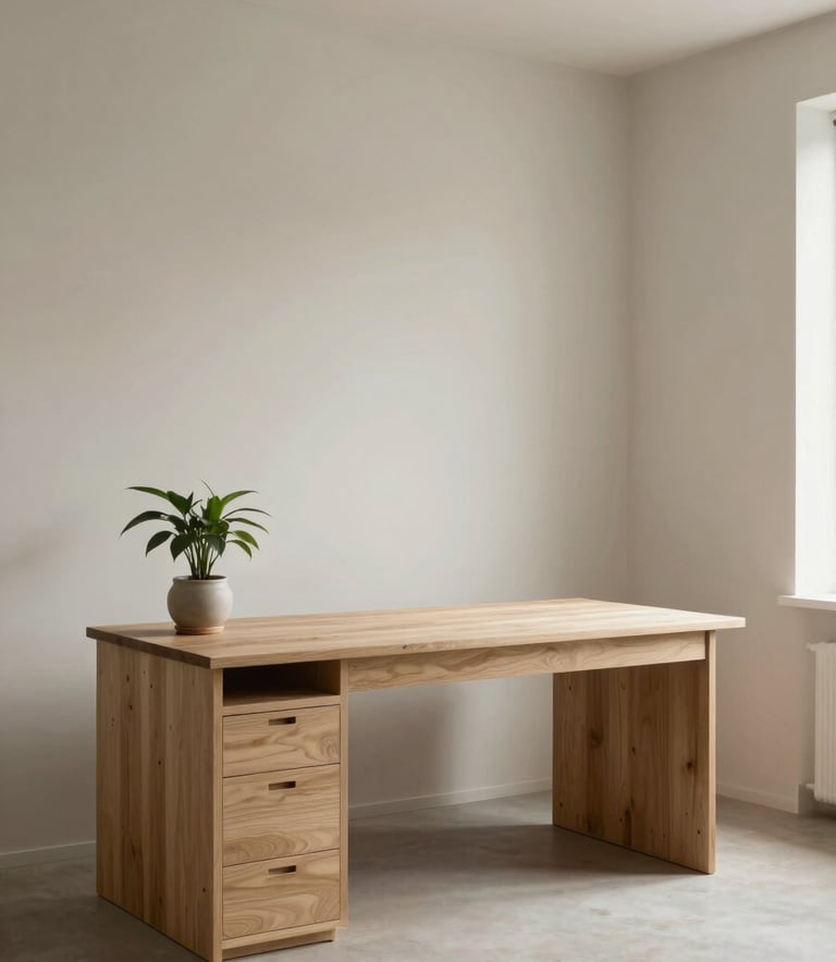 A wide-angle photography shot of a serene, minimalist home office in a North American / European residence. The space features a warm beige wooden desk against soft off-white walls, a single green plant in a ceramic pot, and a quiet, editorial atmosphere with gentle shadows.