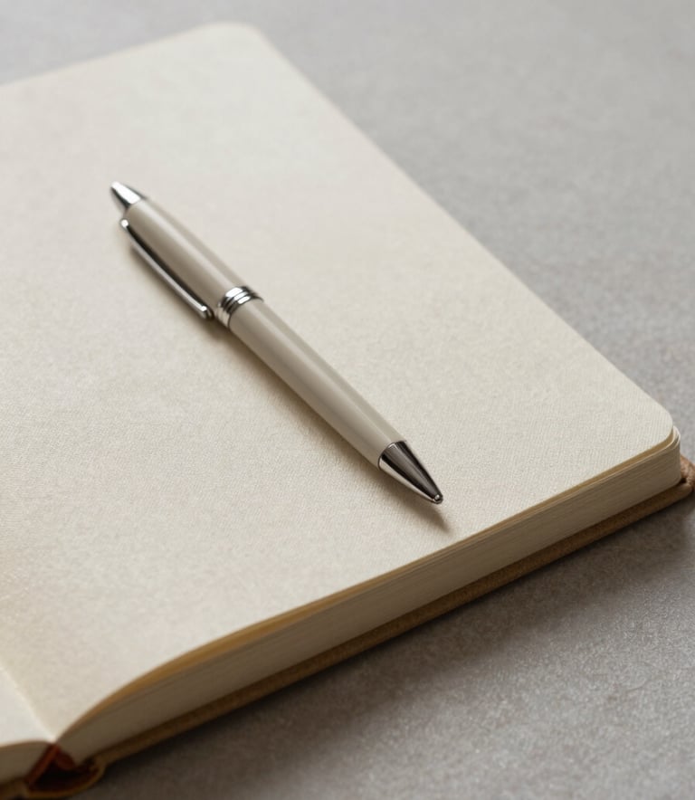 A refined, close-up photograph of an open linen-covered notebook and a premium minimalist pen resting on a muted light gray textured surface. The scene is set in a professional North American / European studio with soft, diffused natural light, emphasizing a calm and intellectual mood in warm beige tones.