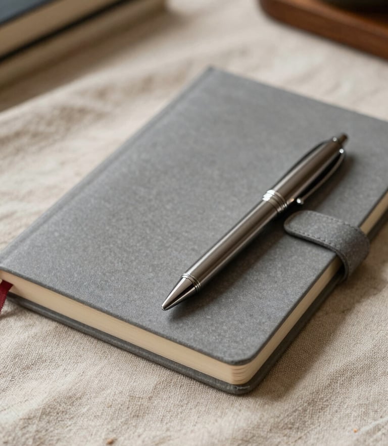 Macro photography of a high-quality muted stone gray notebook and a refined metal pen, lying on a light sand beige linen cloth in a North American / European study room.