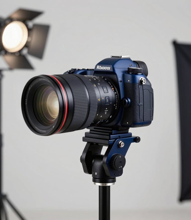 A professional camera and studio lighting equipment in a modern photography studio. Elegant composition with navy blue and pale grey tones. Spanish-speaking / Global.