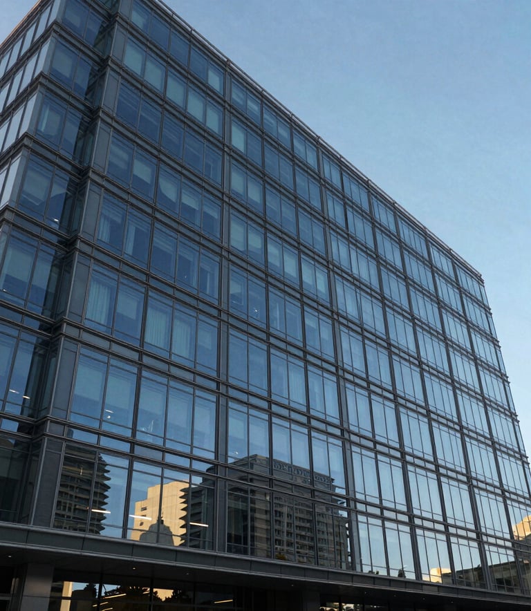 A wide shot of a modern architectural office building with glass walls, reflecting a Sky Blue sky. The scene conveys reliability and scale. Clean lines and professional atmosphere. Spanish-speaking / Global city setting.