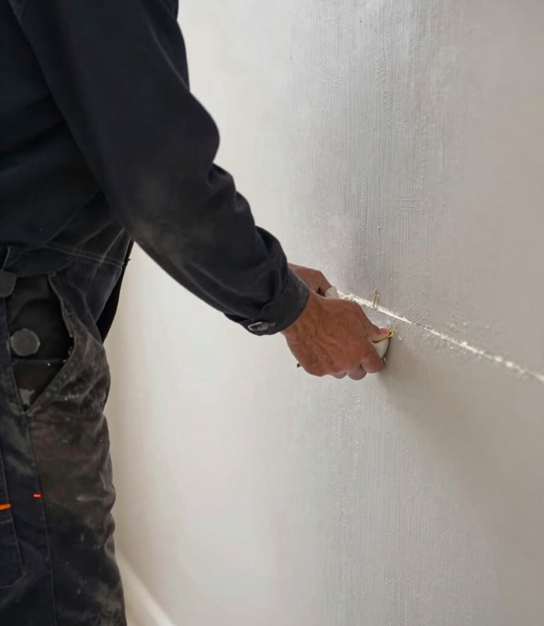 A close-up photograph of a professional drywaller in a modern North American / US home, carefully applying joint compound to a seam. The worker is wearing a clean Dark Navy uniform. The lighting is bright and even, highlighting the smooth texture of the Pearl Grey drywall. The composition is a focused side-angle shot.
