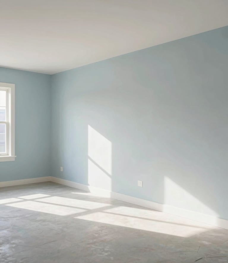 A wide-angle professional photograph of a freshly drywalled, spacious room in a contemporary North American / US home. The walls are perfectly smooth and the room is filled with natural sunlight. Muted Blue and Pearl Grey tones dominate the clean, airy space, emphasizing precision and modern craftsmanship.