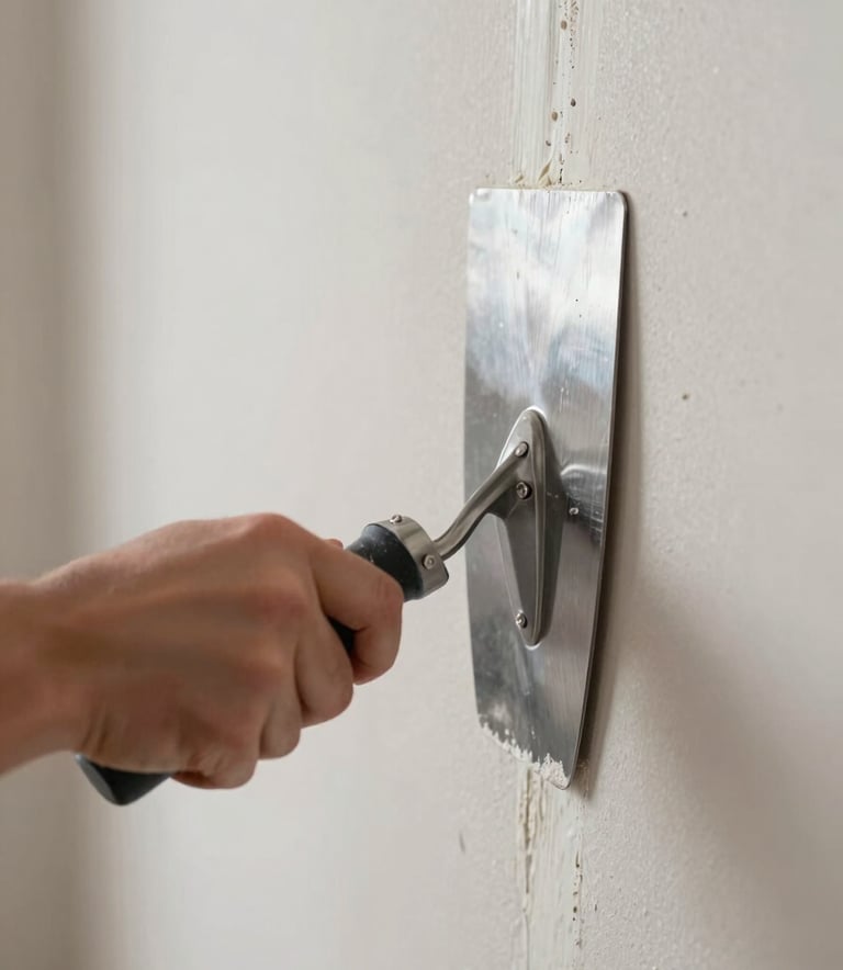 A close-up photograph of a skilled craftsman's hands using a professional trowel to apply joint compound to a drywall seam in a modern North American / US home. The lighting is crisp, highlighting the smooth texture and the brand's steel grey and off-white color palette.