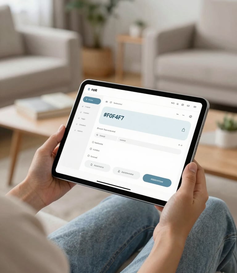 A person comfortably using a tablet in a bright, modern living room. The device shows a simple, user-friendly navigation menu. The image feels airy and peaceful, incorporating soft tones of #F0F4F7 and #4A6D7C.