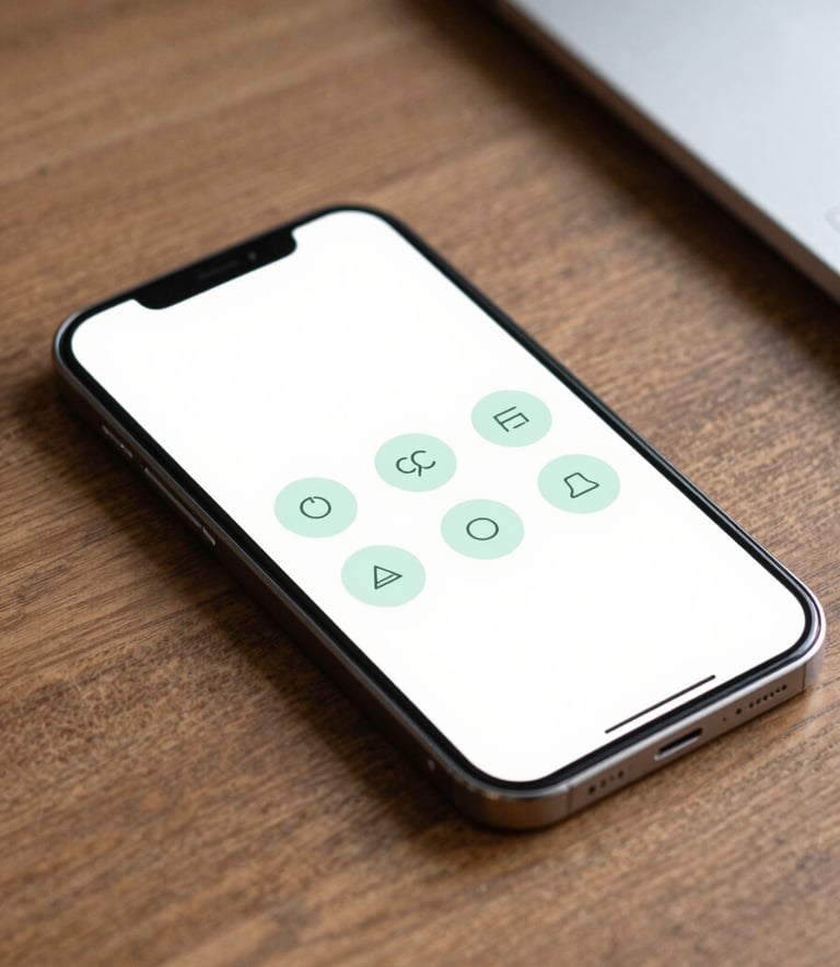 A close-up of a modern Android smartphone resting on a wooden desk. The screen displays a clean, minimalist interface with soft #9CC0B9 colored icons and plenty of whitespace. The lighting is soft and natural, emphasizing a professional yet approachable aesthetic.