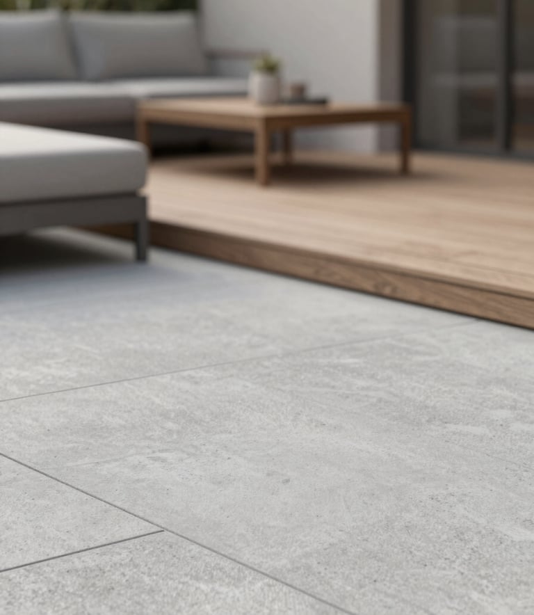 An elegant outdoor terrace featuring colored stamped concrete with a wood-plank texture. The colors match the #5F746C and #E8EBEA palette, creating a serene and sophisticated outdoor living space.