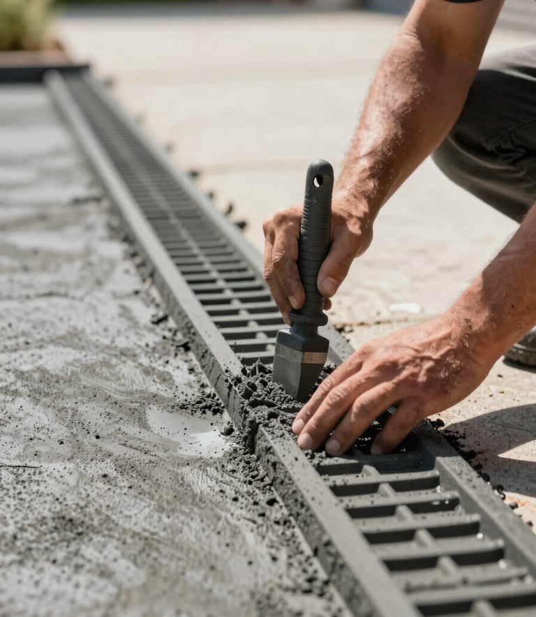 Close-up of modern craftsmanship: A professional worker's hands meticulously applying a texture mold to fresh, colored concrete in a driveway, warm sunlight, professional tools, showcasing a deep charcoal #2E3A3A and slate #5F746C palette.