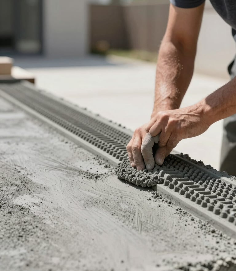 Close-up of a professional craftsman applying a texture mold to fresh colored concrete in a modern courtyard. The lighting is bright and clear, highlighting the intricate patterns of the matrite. Palette includes tones of #2E3A3A and #AEB9B4.