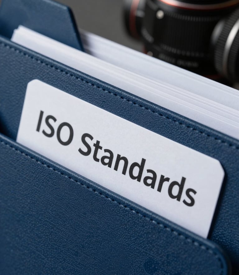 A high-quality close-up of a professional business folder with a label titled ISO Standards. Professional lighting, deep blue and white tones. North American / Texan context.