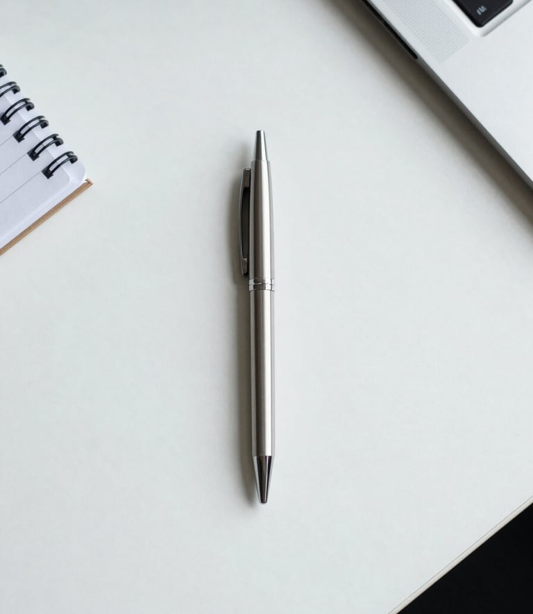 A minimalist top-down photo of a clean white desk surface with a single silver pen and a notebook. Soft daylight. Professional, North American / Texan office atmosphere.