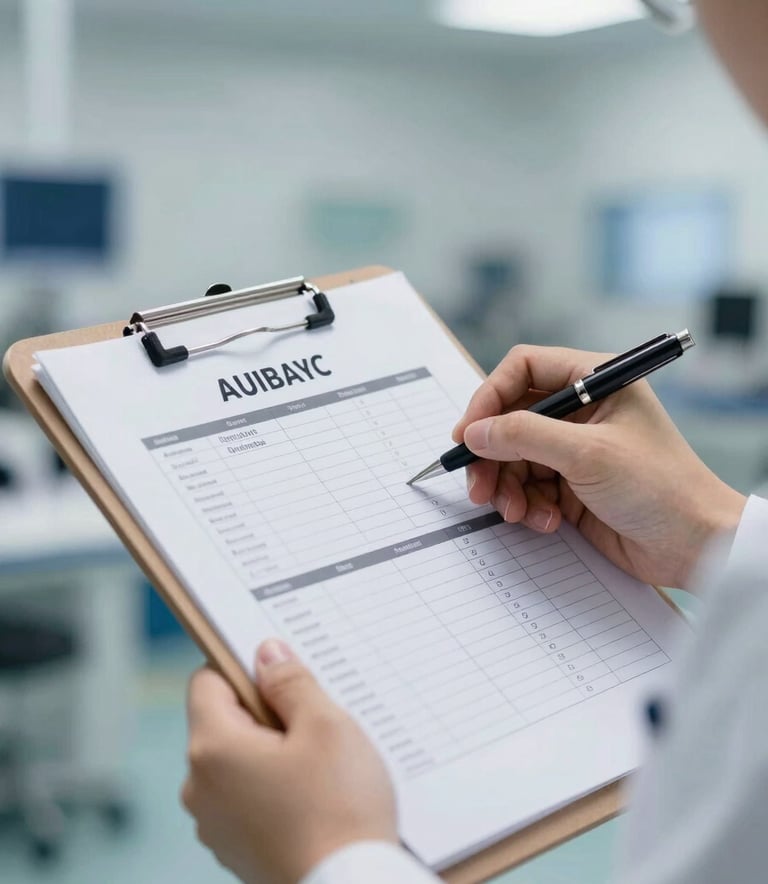 A professional close-up of a clipboard with an audit checklist being reviewed in a clean, modern North American manufacturing facility with soft blue and white tones.