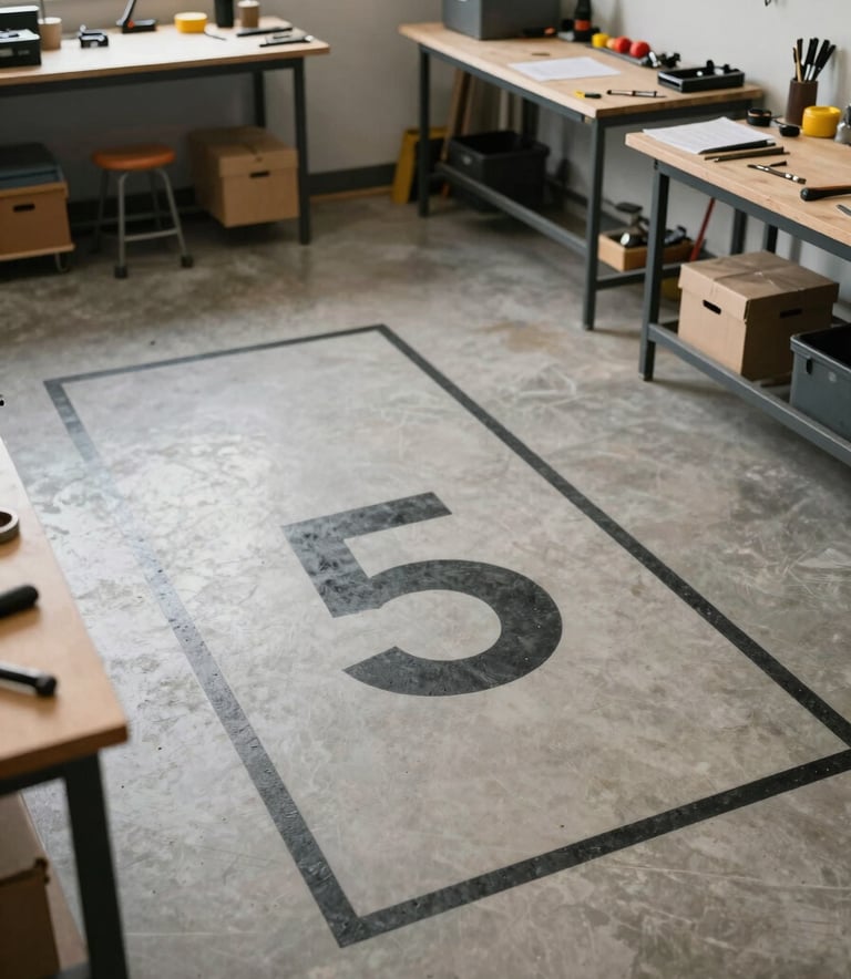 An organized, minimalist workshop interior in Texas showing clear floor markings and well-arranged tools, emphasizing the 5S methodology and operational efficiency.