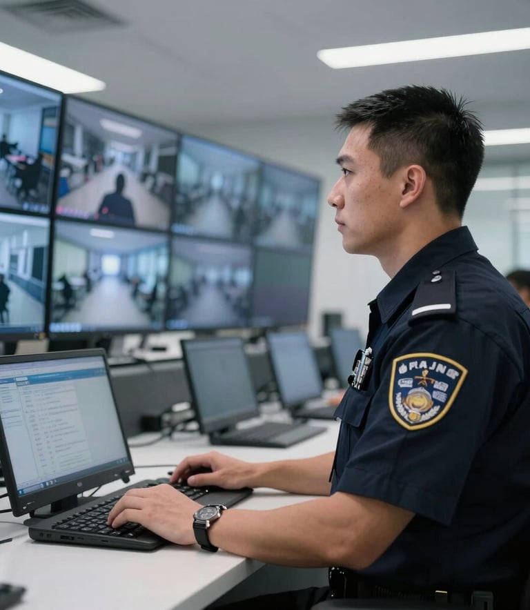 A focused professional security officer in a dark navy blue uniform monitoring a wall of high-definition surveillance screens in a modern, clean command center. Bright white lighting, North American office setting.