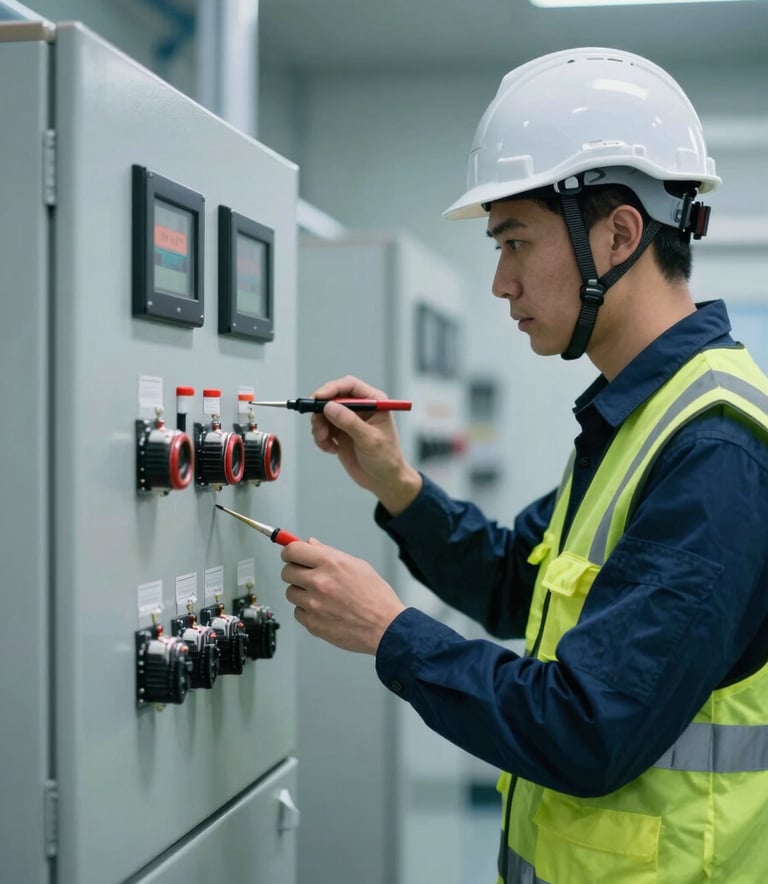 A professional electrical engineer wearing a safety helmet and reflective vest, inspecting a large industrial control panel with precision tools. The environment is a clean, modern facility with lighting in steel blue and deep navy tones.