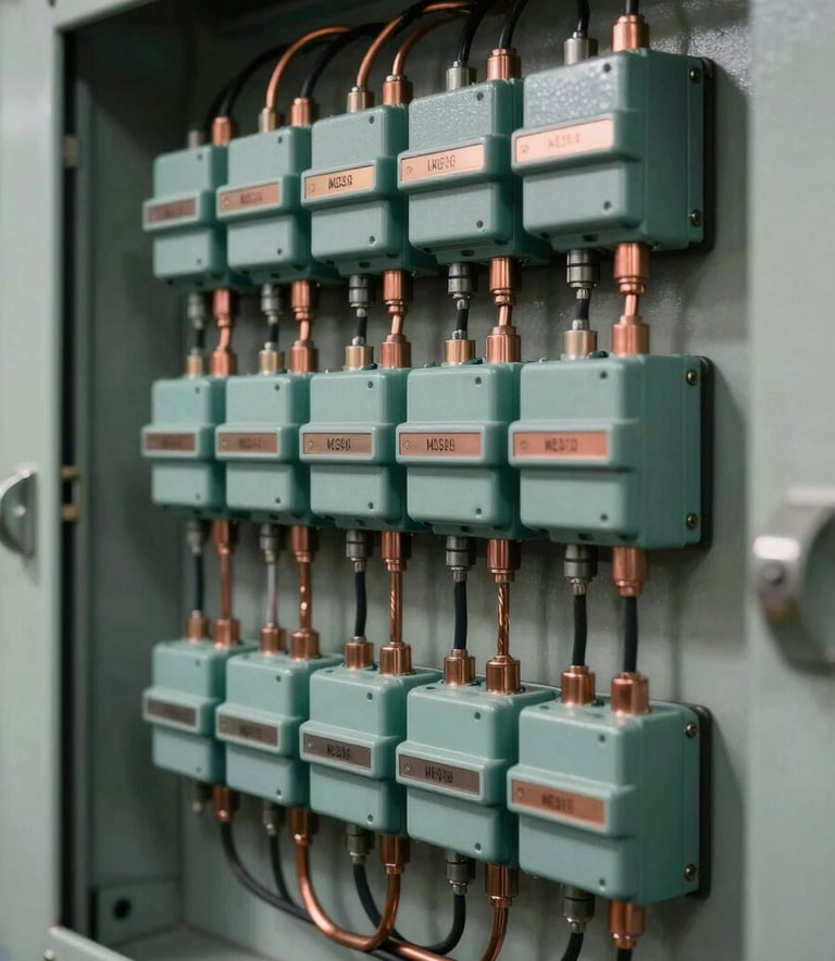 A close-up photograph of a modern industrial electrical control panel. The complex wiring is neatly organized, showing copper accents against industrial teal components. The lighting is sharp and clean, emphasizing technical mastery.