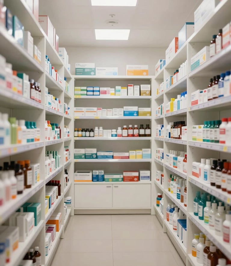 A wide shot of a modern South American pharmacy interior with clean white shelves and professional lighting, creating an atmosphere of trust and hygiene.