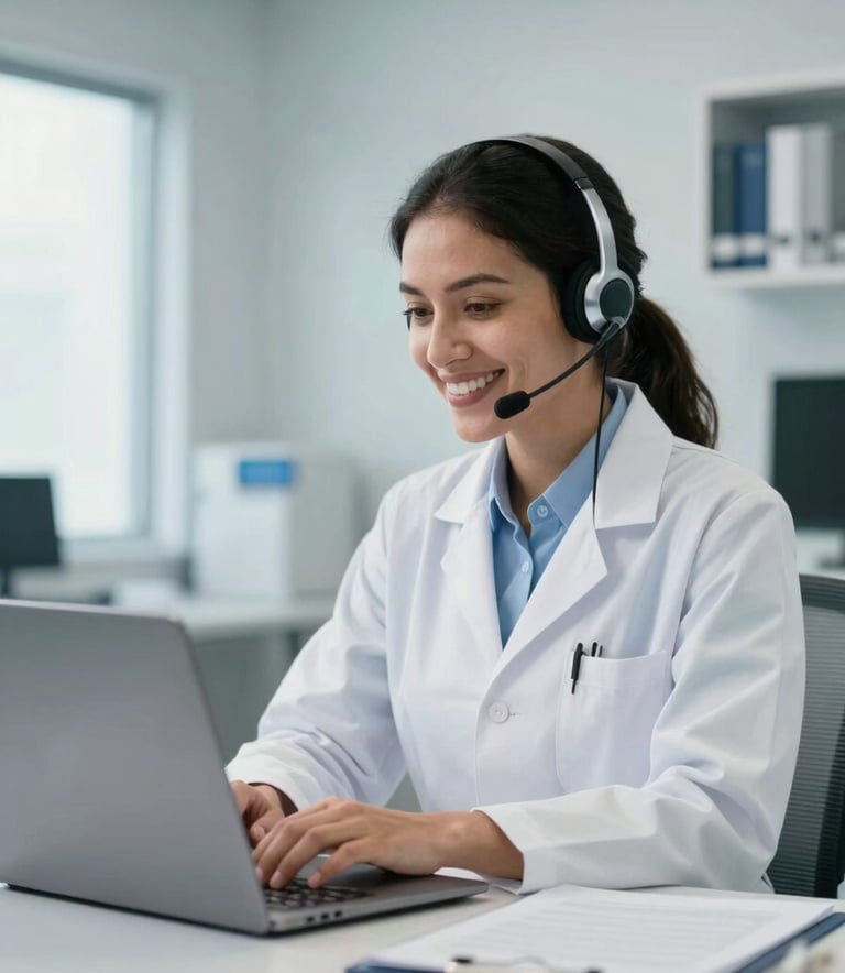 A professional South American pharmacist with a headset sitting in a bright, modern office, smiling warmly while looking at a laptop screen. The environment is clean with light blue and steel blue accents, suggesting a high-end telecare facility.