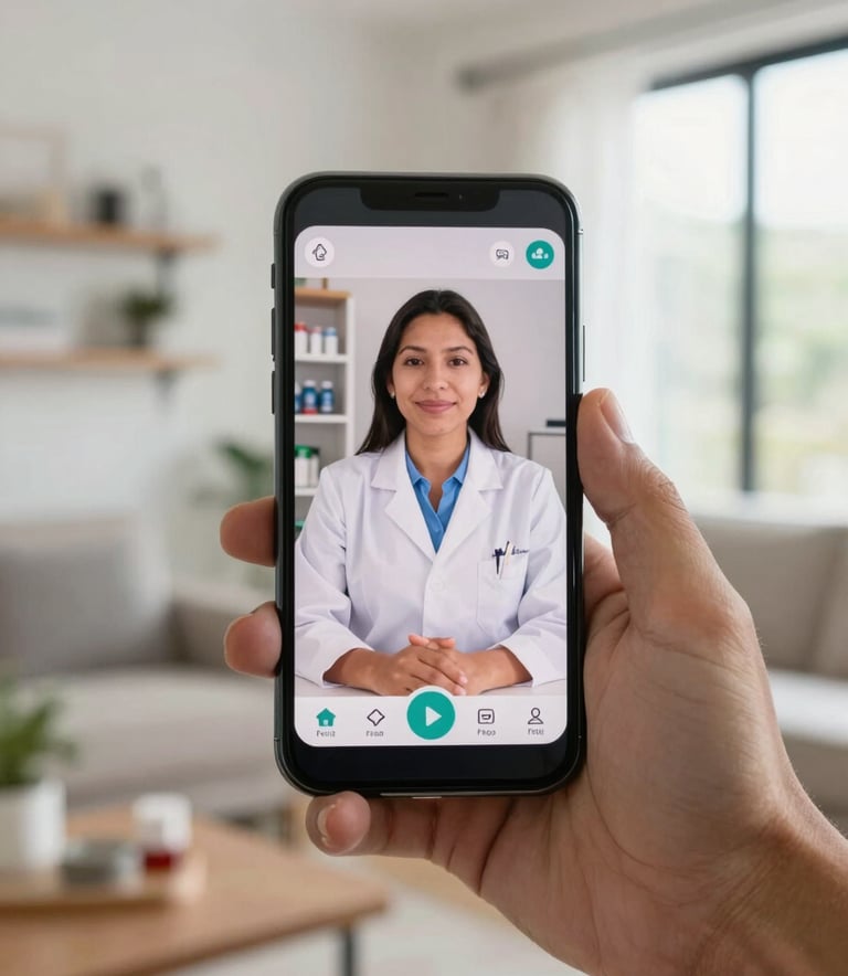 A close-up of a hand in a South American home holding a smartphone showing a video call interface with a professional pharmacist, bright and clean indoor lighting.