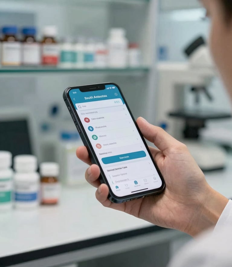 Close-up photography of a professional pharmaceutical setting in South America. A person is holding a smartphone showing a health app interface, with a blur of a modern pharmacy laboratory in the background, dominated by steel blue and off-white colors.