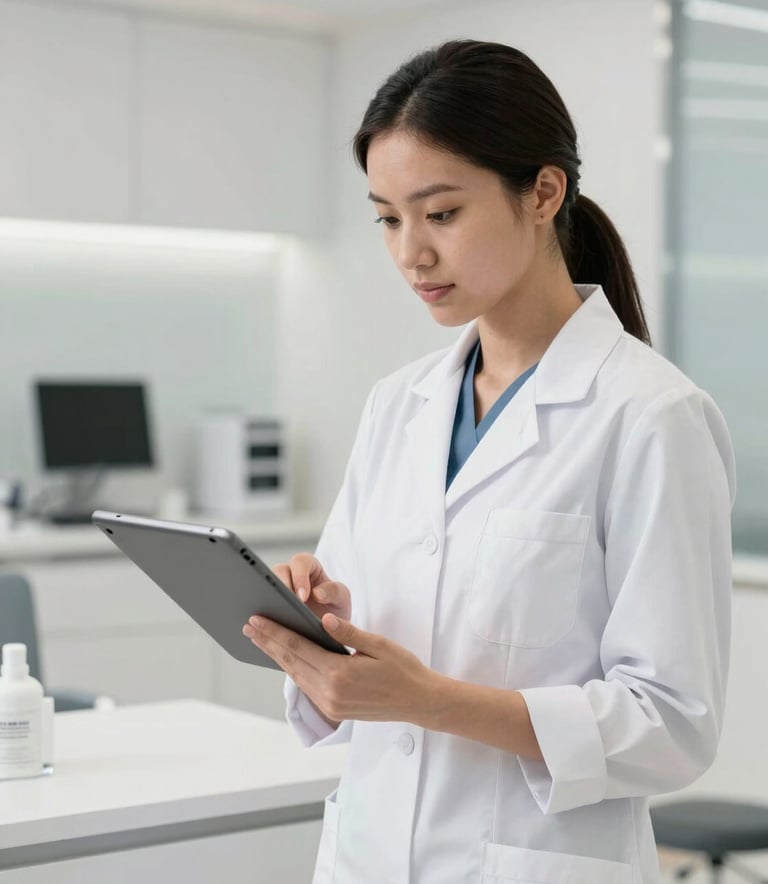 A professional in white attire using a tablet in a bright South American / Brazilian clinic, modern minimalist interior, blurred background showing technology and clean surfaces.