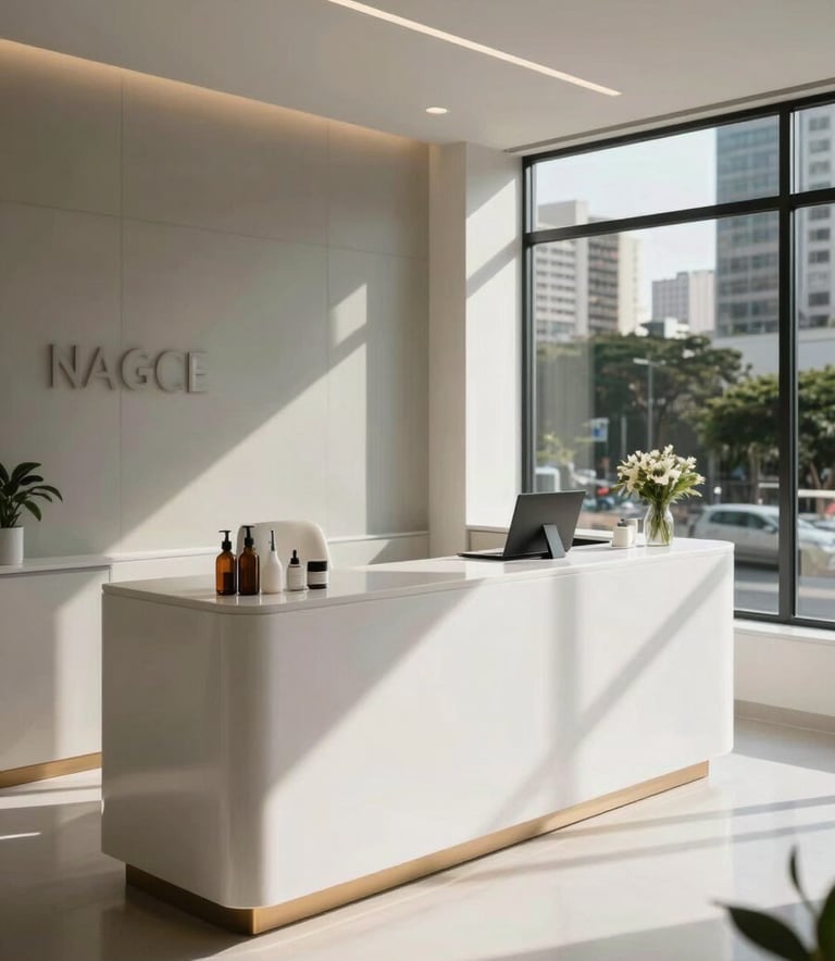 Photography of a modern and luxurious aesthetic clinic reception in a South American / Brazilian city, minimalist white furniture, soft natural lighting, high-end professional atmosphere.