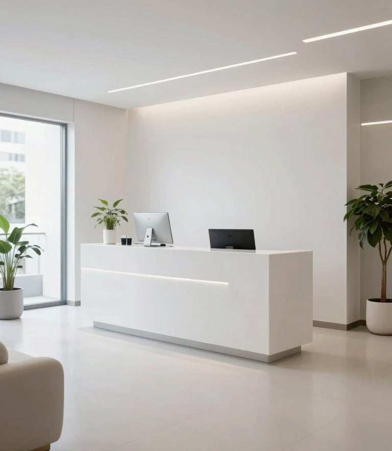 Clean, wide-angle interior photography of a modern Brazilian aesthetic clinic's reception. Minimalist white furniture, polished floors, and subtle green plants. The lighting is natural and bright, showcasing a professional and welcoming atmosphere.