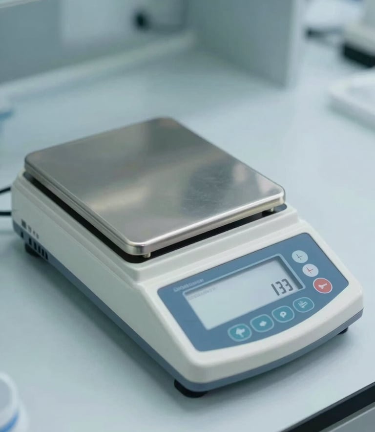 A high-angle photography shot of a precision digital scale in a minimalist laboratory, with soft light reflecting off clean glass surfaces and a palette of muted teal and off-white. Global Business / Professional.