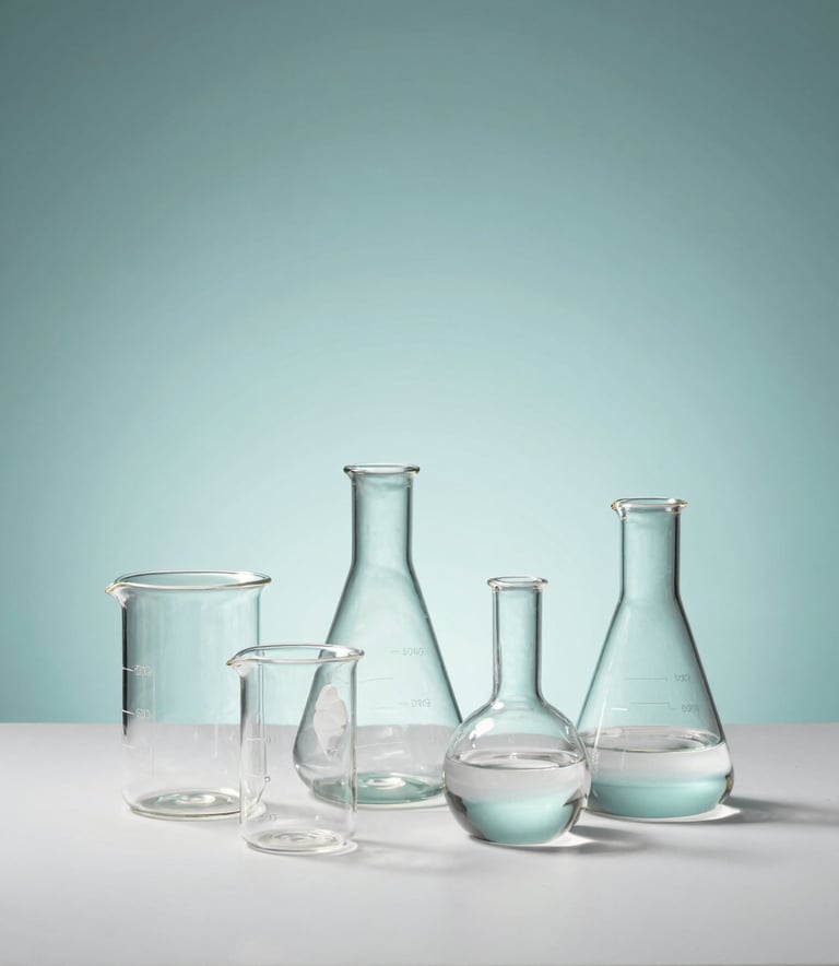 A minimalist studio photograph of elegant glass laboratory beakers and flasks arranged artistically on a white surface, with soft teal accents and professional lighting. Global Business / Professional.