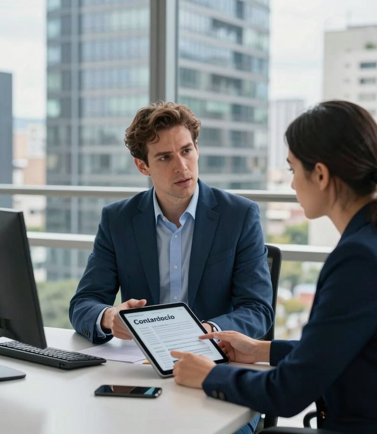 A bright, modern architectural office in a South American city. A professional financial consultant is explaining a digital consórcio contract on a tablet to a focused client. The lighting is natural, emphasizing clarity and trust. Palette colors like steel blue and light grey are present in the decor.
