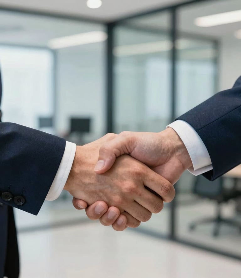 A close-up of a professional handshake in a bright, modern corporate setting in Brazil. In the background, a blurred glass wall reveals a clean, organized office environment. The lighting is soft and professional, highlighting a sense of partnership. Tones of dark blue and steel blue from the brand palette are integrated into the decor.