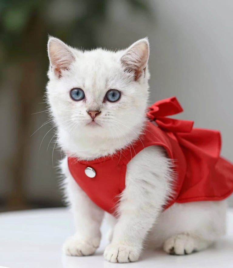 Un adorable gatito blanco de ojos azules que lleva un elegante vestido rojo con un lazo.