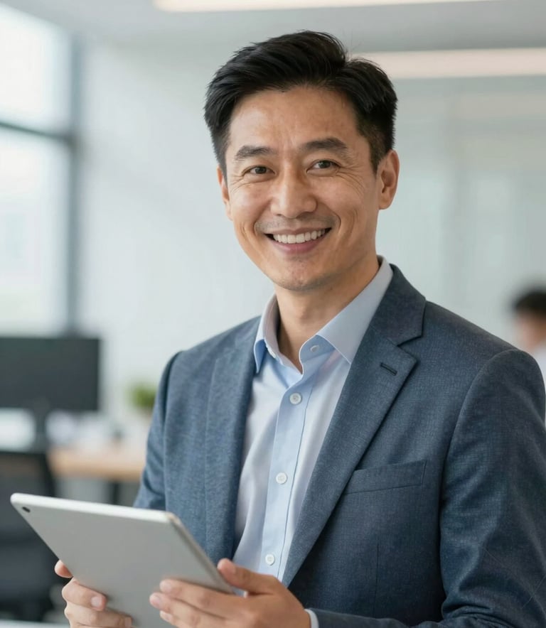 A close-up, high-quality photograph of a professional mentor in a bright, modern office setting. The mentor is smiling confidently, dressed in professional attire, holding a tablet. The lighting is soft and natural, emphasizing a growth-oriented and supportive atmosphere. Subtle touches of #3F5A7B and #AEC2D6 are seen in the office decor.