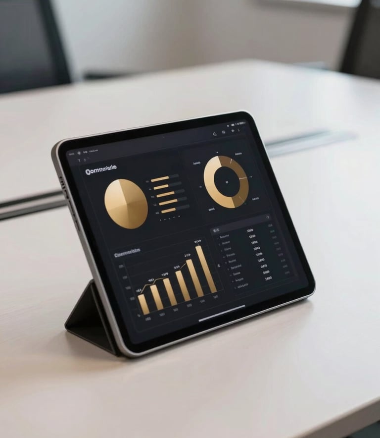 Close-up photography of a sleek, high-end digital tablet displaying clean advertising analytics and charts in deep gold and black. The setting is a professional, modern North American boardroom with a minimalist aesthetic.