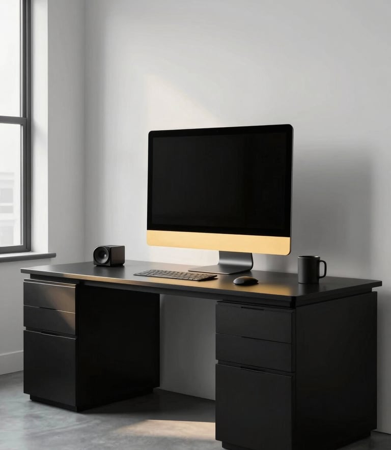 A professional, minimalist creative studio in a North American / Global city. The scene shows a high-end workspace with clean lines, a large monitor, and premium black furniture with golden light reflections.