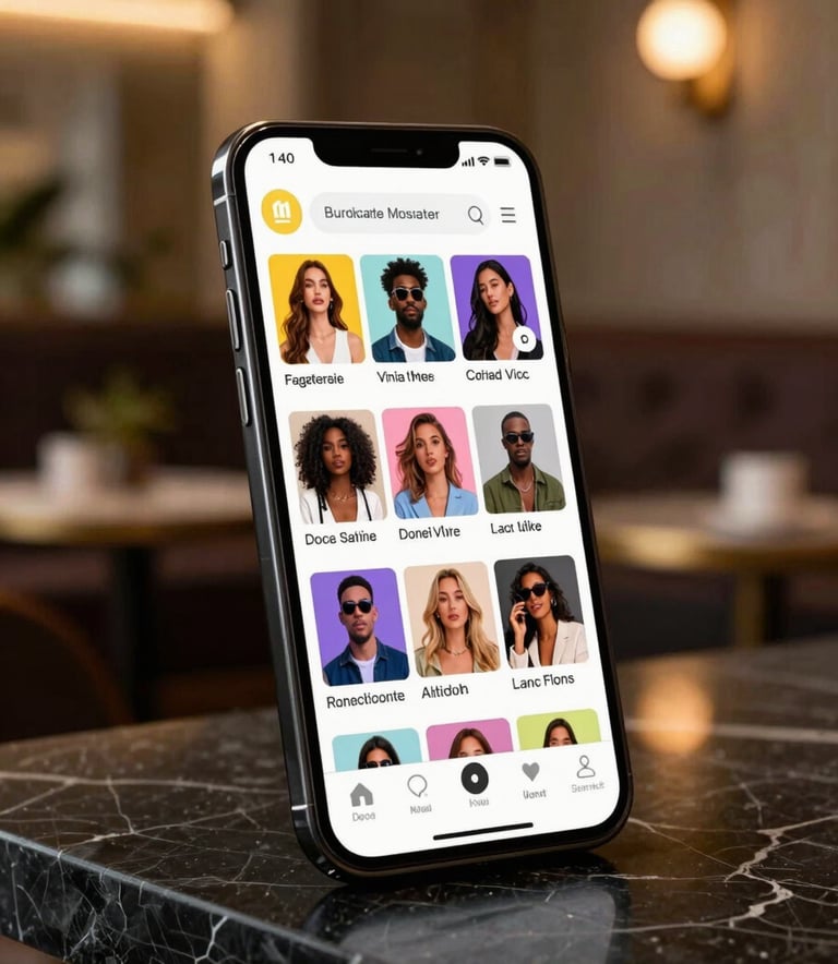 A high-end, close-up photograph of a smartphone showing a vibrant, stylish social media advertisement. The setting is a sophisticated urban lounge with soft, warm golden lighting and black marble surfaces in a North American / Global environment.