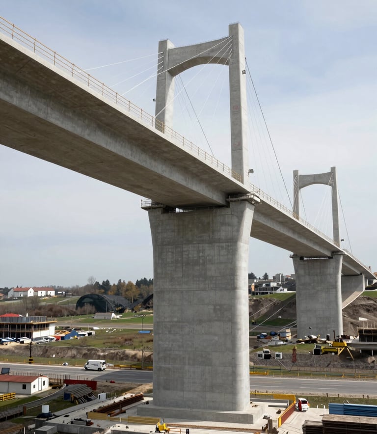 A professional photograph of a major civil engineering project, such as a bridge or highway under construction in a French / European landscape. The scene highlights precision engineering and solid silver grey concrete structures.